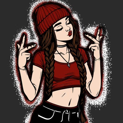 realistic teenage girl with braids and a beanie and crop top doing 🫶🏼