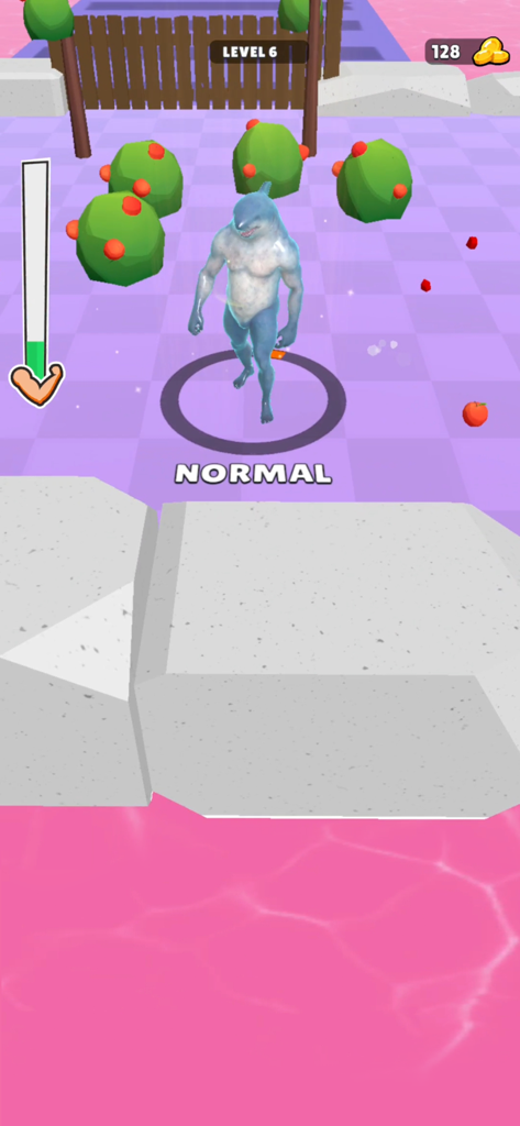 Monster Evolution! - Ein humanoider Hai-Charakter steht in einer Evolutionsarena auf Level sechs