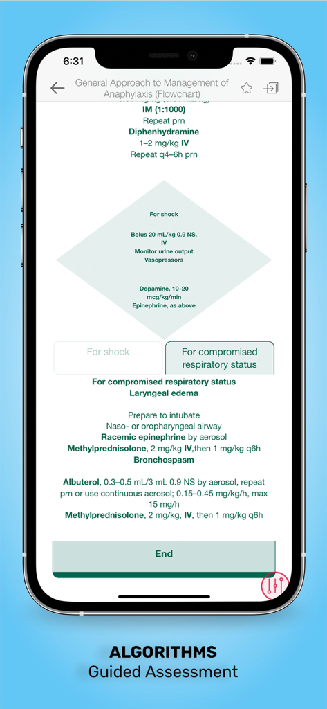 A clinical flowchart for anaphylaxis management and guided assessment in the Pediatrics On Call mobile app.