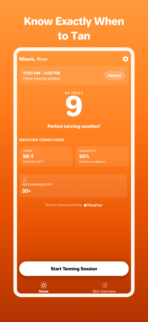 Sunny Pal - Interfaccia dell'app Sunny Pal che mostra l'indice UV in tempo reale e le condizioni meteorologiche per l'abbronzatura