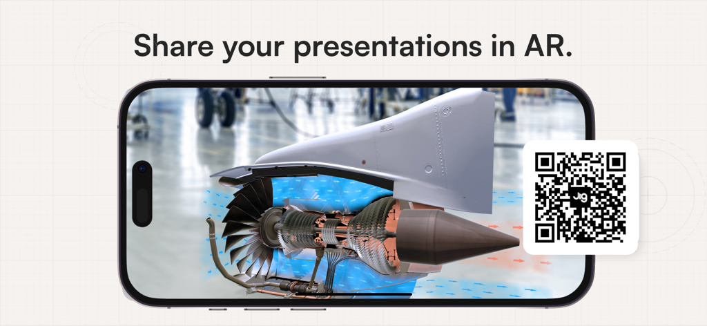 JigSpace - A smartphone displaying a 3D jet engine model in augmented reality with a QR code for sharing
