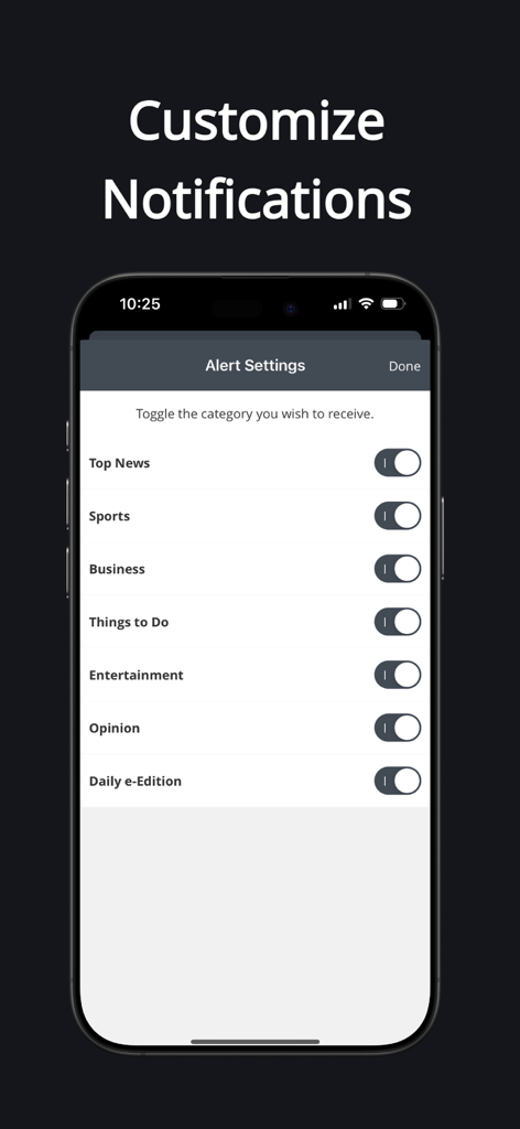 The Hazleton Standard-Speaker - A mobile interface for The Hazleton Standard-Speaker app showing alert settings for categories like news, sports, and business.