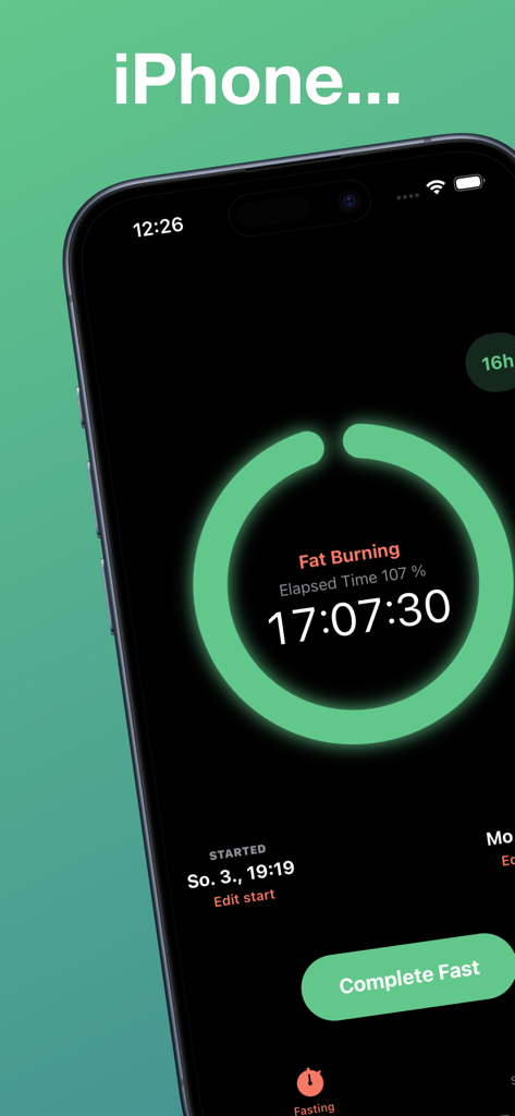 Intermittent fasting tracker timer on iPhone in dark mode