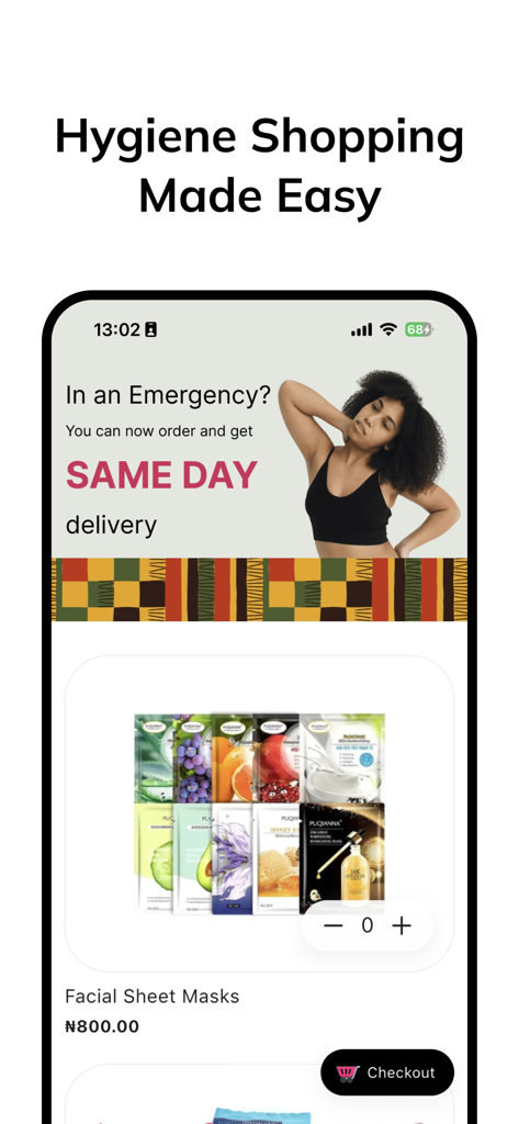 Her Pride - Her Pride app screen showing a hygiene product store with facial sheet masks and same day delivery information
