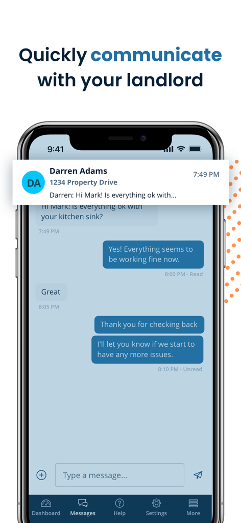 Interfaccia di messaggistica in-app in TurboTenant per Inquilini che mostra una conversazione tra un inquilino e un padrone di casa.