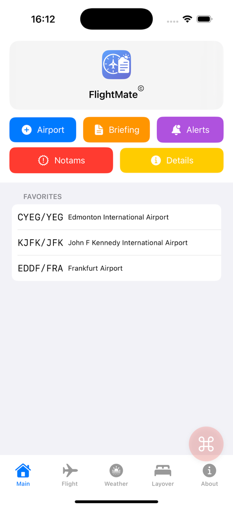 FlightMate – Pilot Tools - Main dashboard of FlightMate app showing airport favorites and flight management tools