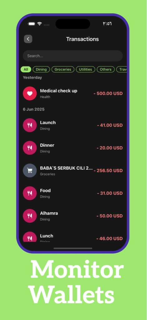 SpendWise app screen showing a categorized list of financial transactions and spending history.