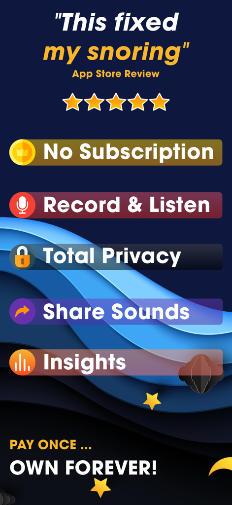 AutoSnore: Snoring Recorder - AutoSnore app interface highlighting no subscription total privacy and recording features