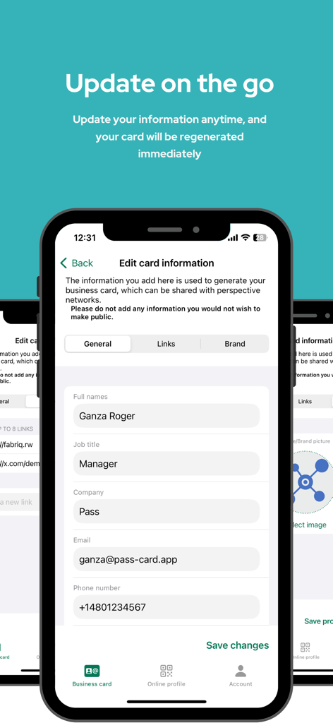 Nami - A business card - Un'interfaccia mobile per l'app Nami che mostra una schermata di modifica per aggiornare i dettagli del biglietto da visita digitale come nome, titolo professionale e azienda.