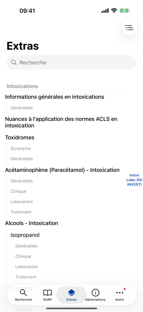 Screenshot of the SURF app Extras menu showing medical guidelines for intoxications including acetaminophen and alcohols