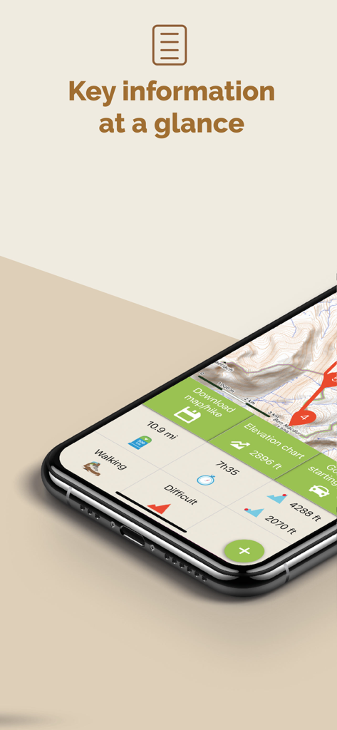 A smartphone screen showing technical hiking route details like distance, duration, and elevation gain on the Visorando app.