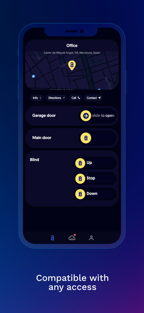 Akiles app interface displaying smartphone controls for garage doors main doors and blinds