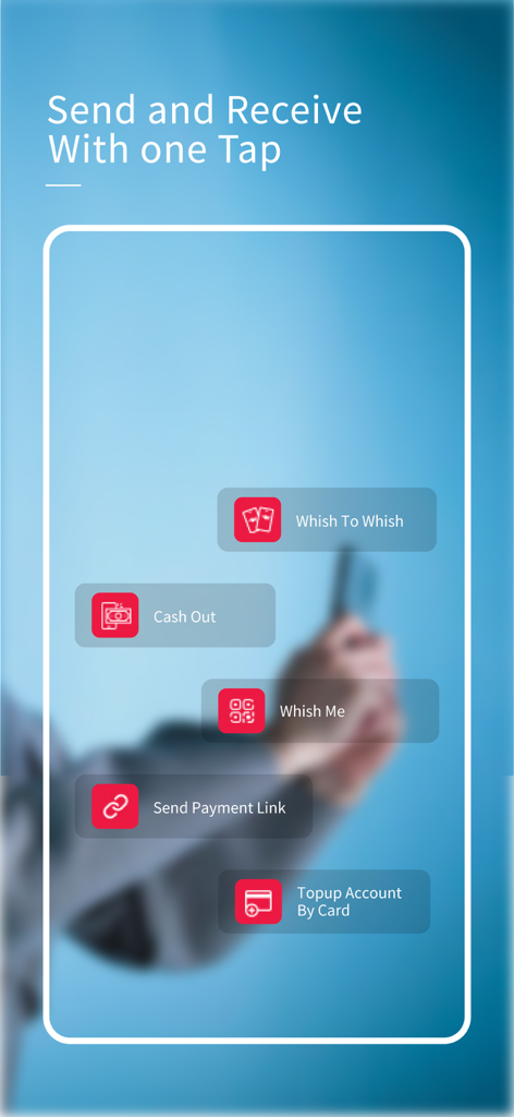 Whish Money - Whish Money app interface showing send and receive features with one tap