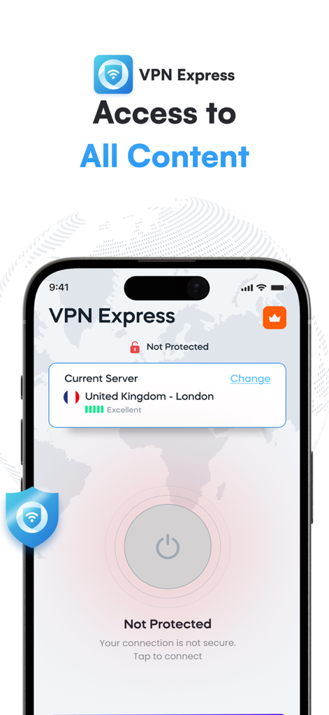 VPN Express mobile app screen displaying access to all content and server options