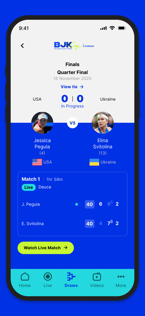 Davis Cup & BJK Cup - Live tennis score screen for BJK Cup match between USA and Ukraine featuring Jessica Pegula and Elina Svitolina.