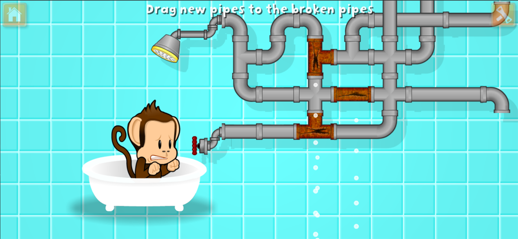 A monkey in a bathtub waiting for a plumbing puzzle to be fixed in the Monkey Preschool Fix-It game