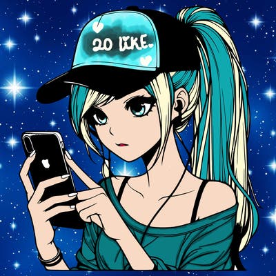 realistic girl with a long ponytail and trucker hat holding an iphone