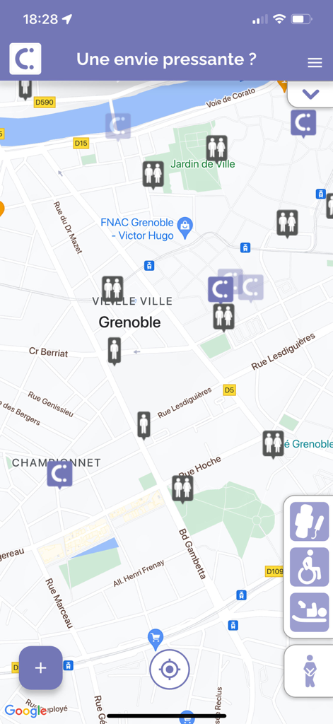 Uma interface de mapa no aplicativo ICI toilettes mostrando banheiros públicos e estabelecimentos parceiros com filtros de acessibilidade