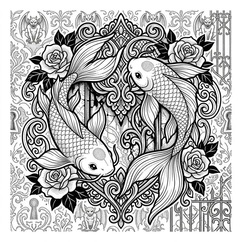 Discover a mesmerizing Gothic Dot Work Koi Fish coloring page, blending intricate aquatic beauty with dark elegance. This unique design features graceful koi entwined with ornate patterns and mysterious roses, perfect for a captivating artistic journey.