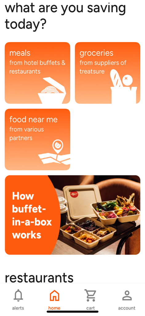 Treatsure mobile app home screen showing surplus meal and grocery saving categories