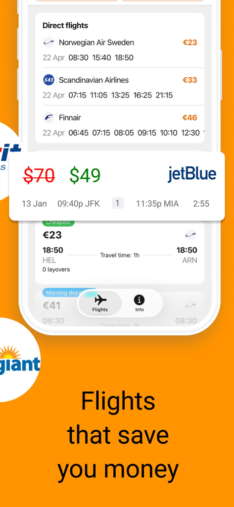 ジェットブルー航空のフライトディールと、割引価格の様々な航空会社からの直行便リストを表示するモバイルアプリ画面。