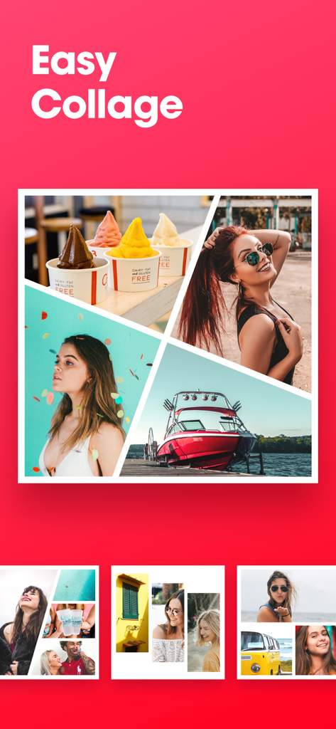POTO - POTO app screenshot showing the easy collage feature with various lifestyle and travel photo layouts.