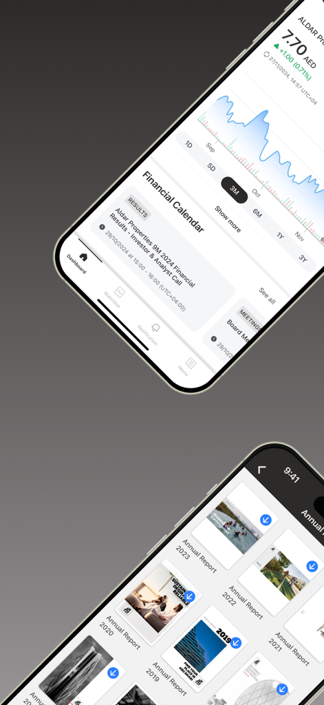 Aldar Investor Relations app displaying stock price charts and downloadable annual financial reports