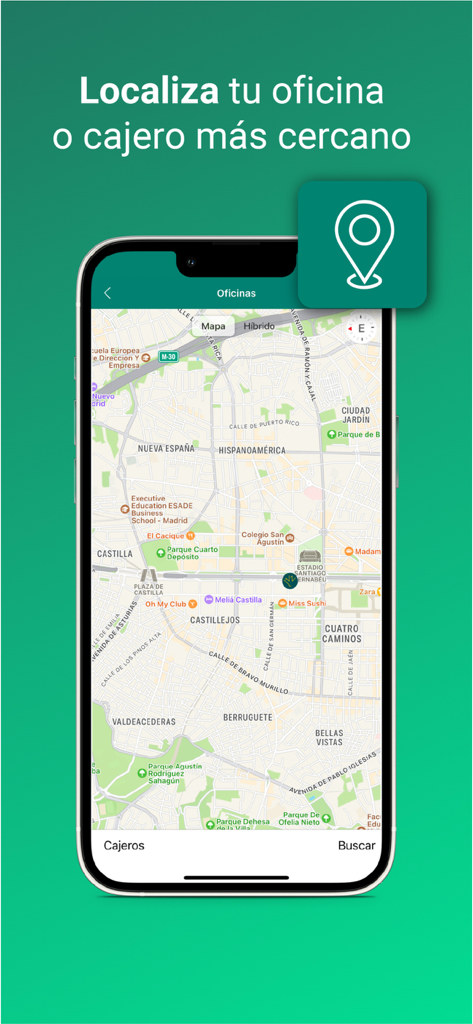 Tela do aplicativo Eurocaja Rural mostrando uma interface de mapa para localizar escritórios e caixas eletrônicos próximos.