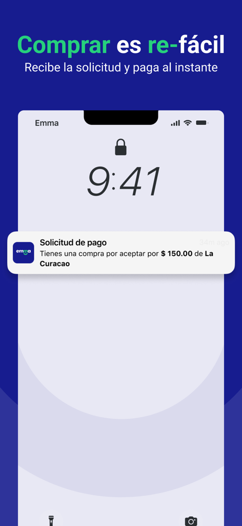 Emma Pay - Pantalla de bloqueo del iPhone mostrando una notificación de solicitud de pago de la aplicación Emma Pay para una compra en La Curacao.