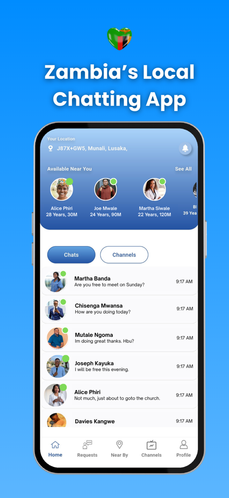 Yapper - Chat Nearby Zambia - Interface of the Yapper app showing a list of nearby Zambian users and active chat conversations