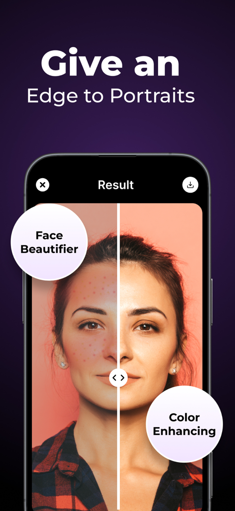 Pixelate - AI Photo Enhancer - Before and after comparison of a portrait showing the AI face beautifier and color enhancing features in the Pixelate app
