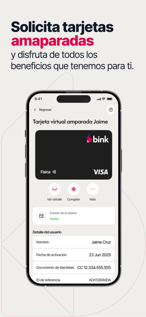 Bink Card - Interfaz de la aplicación Bink que muestra una tarjeta virtual autorizada para que un miembro de la familia comparta los beneficios laborales.