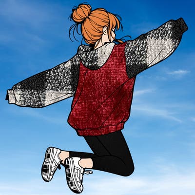 realistic girl jumping with a bun and oversized sweatshirt