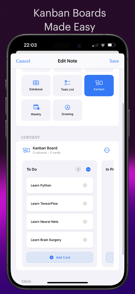 NoteSub - Una captura de pantalla de la aplicación NoteSub que muestra la pantalla de edición de notas con un tipo de nota Kanban seleccionado y una vista previa de un tablero de proyecto con tarjetas de tareas.