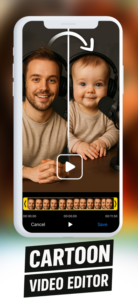 AI Cartoon Video Converter - ToonVid app interface showing a real video being transformed into a 3D cartoon style using AI
