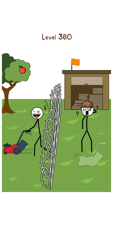 Stickman stealing a lawnmower through a barbed wire fence in Thief Puzzle level 380