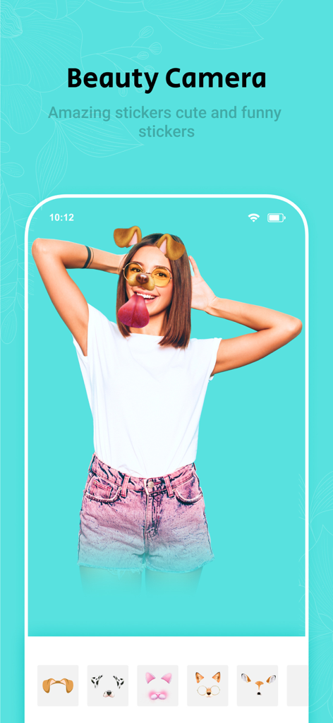 Beauty Cam - Selfie, Sticker - Una mujer usando un divertido filtro de sticker de cara de perro en la app Beauty Cam con varias opciones de stickers de animales mostradas en la parte inferior