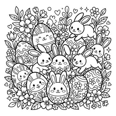Hop into spring with this enchanting coloring page featuring cute bunny-decorated Easter eggs and playful bunnies amidst blossoming flowers. It's a perfect activity to celebrate the joy and freshness of the Easter season.