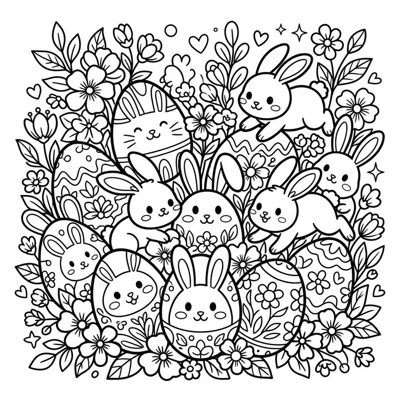 Hop into spring with this enchanting coloring page featuring cute bunny-decorated Easter eggs and playful bunnies amidst blossoming flowers. It's a perfect activity to celebrate the joy and freshness of the Easter season.
