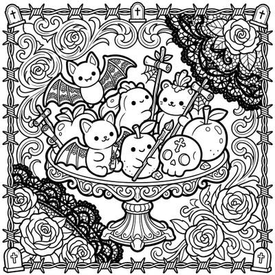 Unleash your creativity with this enchanting coloring page, where adorable Kawaii marzipan characters meet the mysterious elegance of Gothic design. Discover a world of cute bats, spooky skulls, and intricate lace, all waiting for your personal touch.