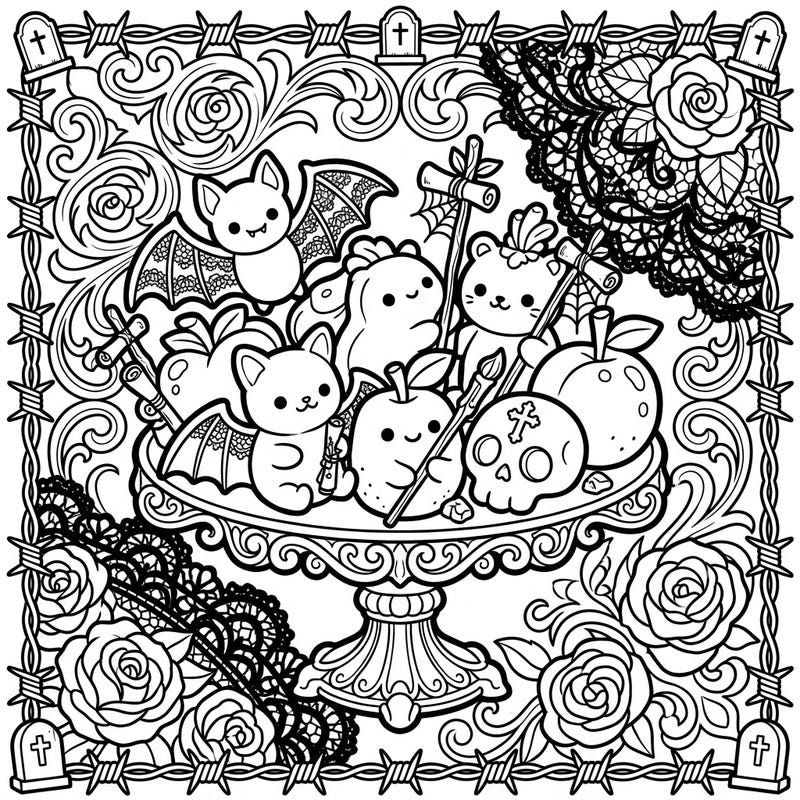 Unleash your creativity with this enchanting coloring page, where adorable Kawaii marzipan characters meet the mysterious elegance of Gothic design. Discover a world of cute bats, spooky skulls, and intricate lace, all waiting for your personal touch.