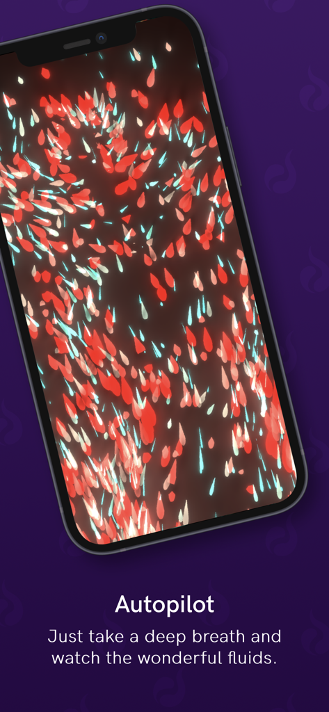Particle Simulation - Flow Sim - A smartphone screen displaying vibrant red and blue fluid particles with a description of the autopilot relaxation feature