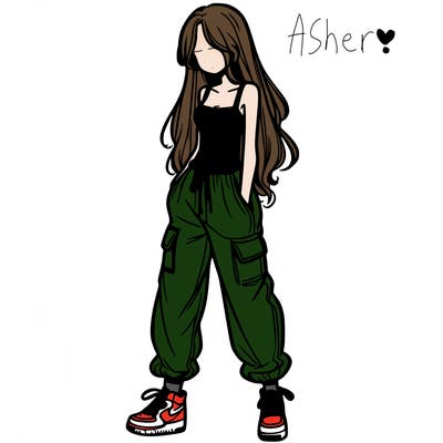 girl in baggy pants crop top and long hair