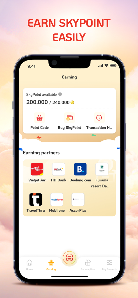 SkyJoy - SkyJoy app earning screen showing SkyPoint balance and partners like Vietjet and Booking dot com