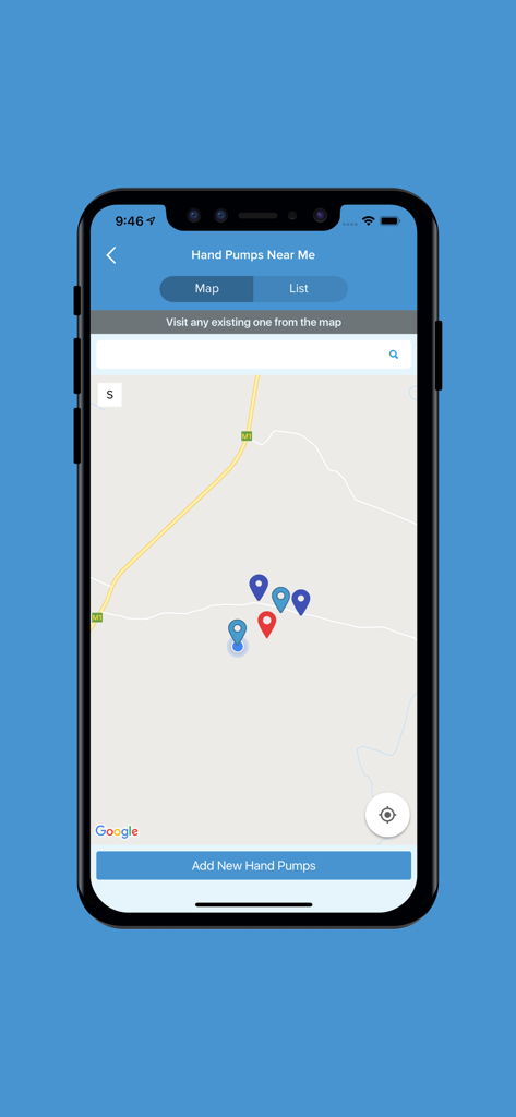 Vista de mapa en la aplicación Madzi Alipo que muestra la ubicación de bombas de agua manuales en Malaui.