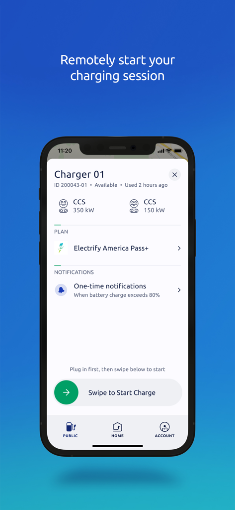 Electrify America - Pantalla de la aplicación Electrify America que muestra los detalles del cargador y un botón para deslizar y comenzar a cargar.