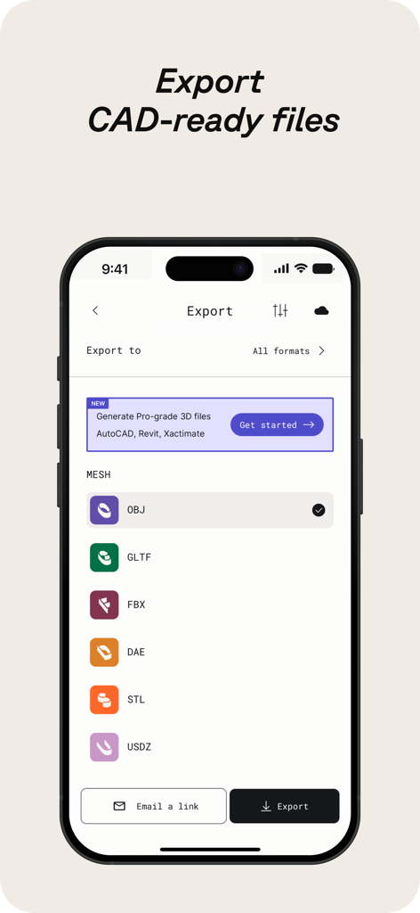 Mobile screen of Polycam app showing various 3D file export formats for CAD software