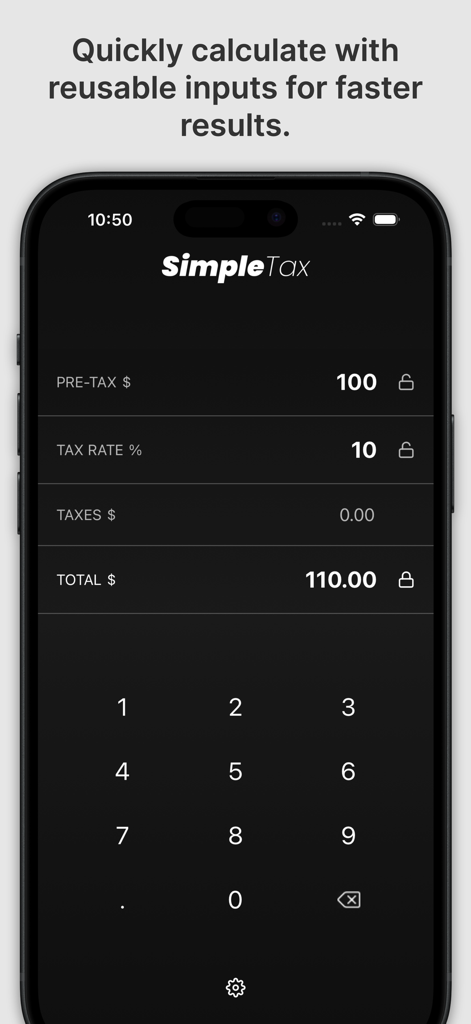 SimpleTax Quick Tax Calculator - SimpleTaxアプリのインターフェース。税抜金額および税率の計算フィールドとテンキーを表示
