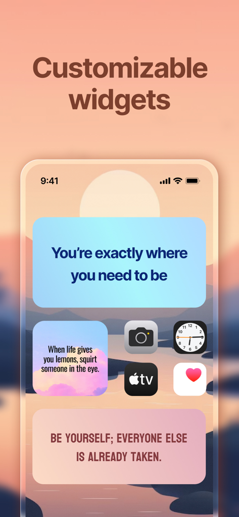 Optimism Daily Positive Quotes - A demonstration of customizable affirmation widgets from the Optimism app on an iPhone home screen
