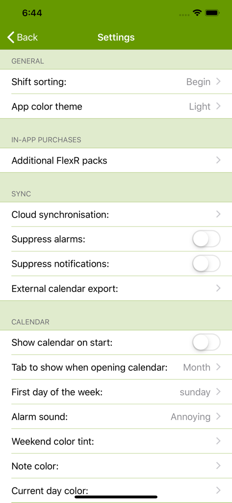 FlexR (Shift planner) - FlexR App-Einstellungen-Bildschirm mit Synchronisierungs- und Kalenderanpassungsoptionen